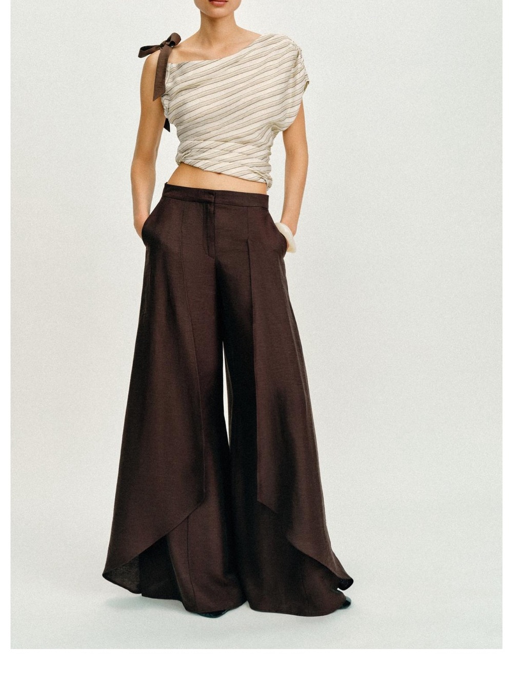 Zara Wide-Leg Overlay LINEN BLEND Palazzo Pants in Dark Brown